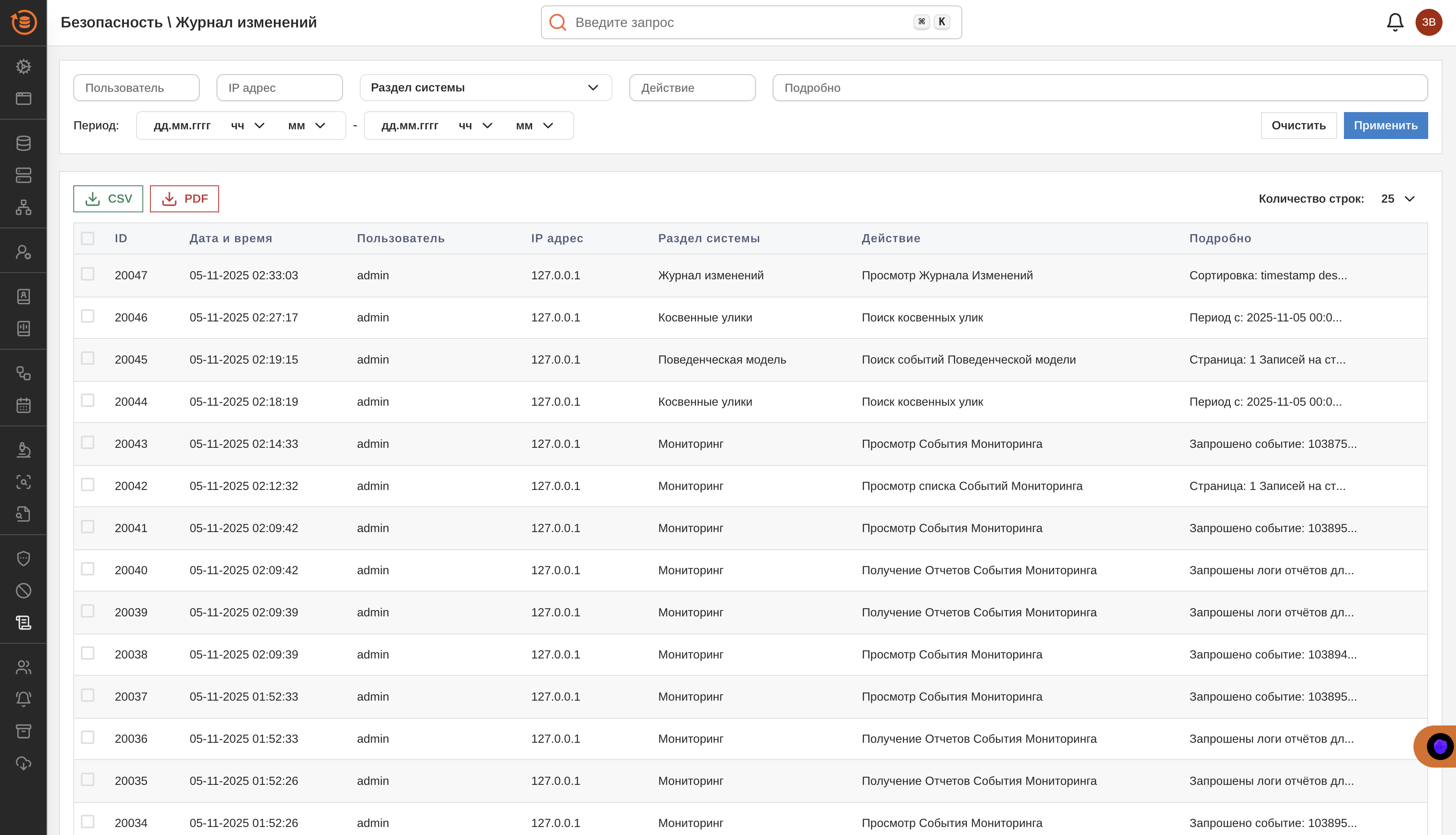 Интерфейс журнала изменений